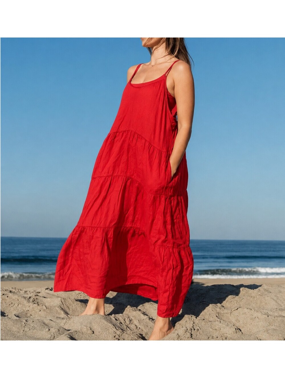 NWT Left On Friday Sunday Dress Red Linen Lagenlook S/M Oversized Flowy
